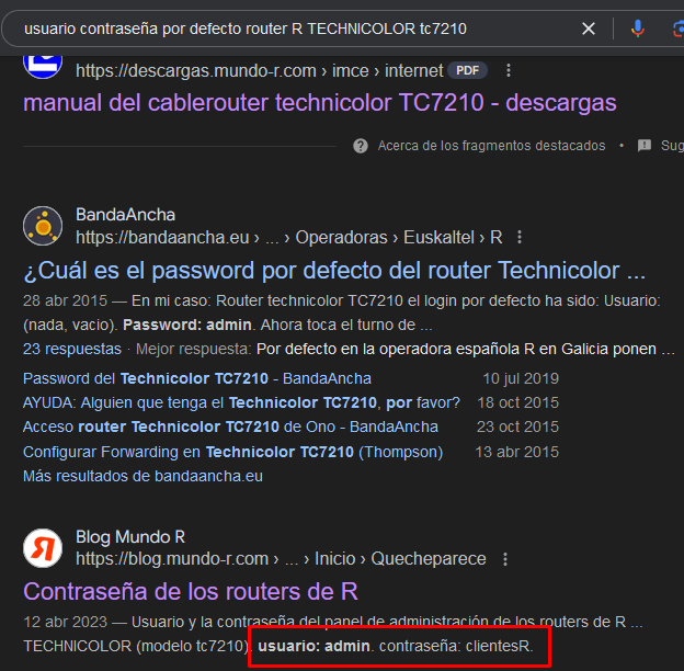 Usuario y contraseña por defecto de un router