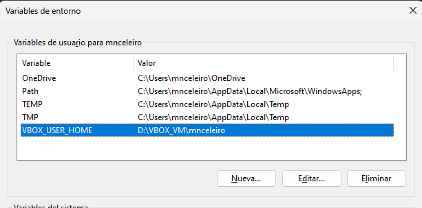 variables de entorno VBOX_USER_HOME