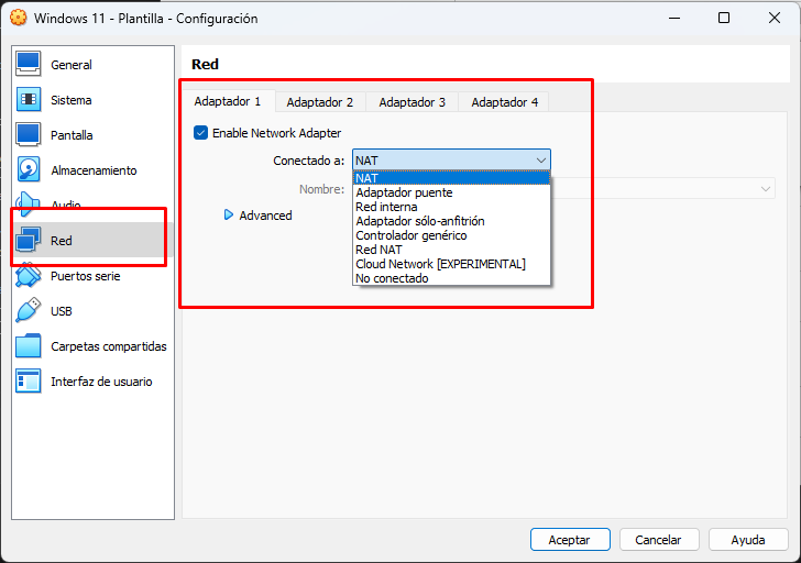 Configuraciones de red disponibles en Virtualbox